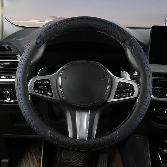 HZEL Car Steering Wheel Cover, 15 Inch Leather Comfortable Vehicle Steering Wheel Protector with Inner Rring, Anti-Slip Automotive Interior Accessories, Universal for SUV RV Truck (Black/Blue)