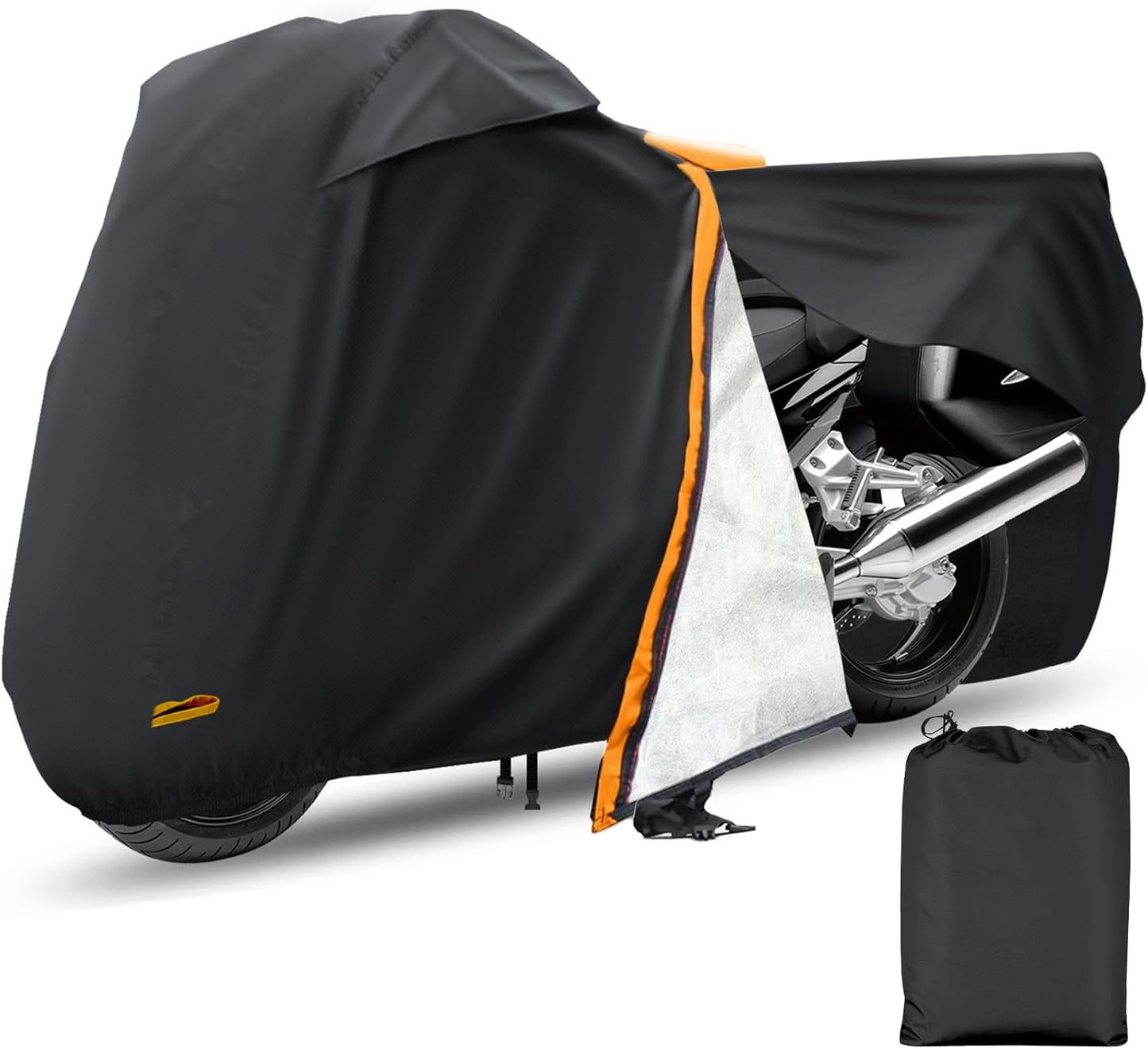 Motorcycle Cover,Waterproof Zipper Outdoor Cover for All Seasons Windproof, High Heat Resistance Dustproof and Rainproof Snowproof(Orange Zipper XL Fits Up to 97 inch)