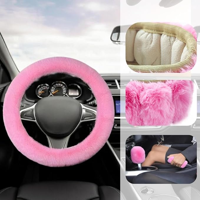 Fluffy Steering Wheel Cover, Winter Warm, Suitable for Most Car Steering Wheels in The 14-15 Inch Range (Pink, 3PCS)