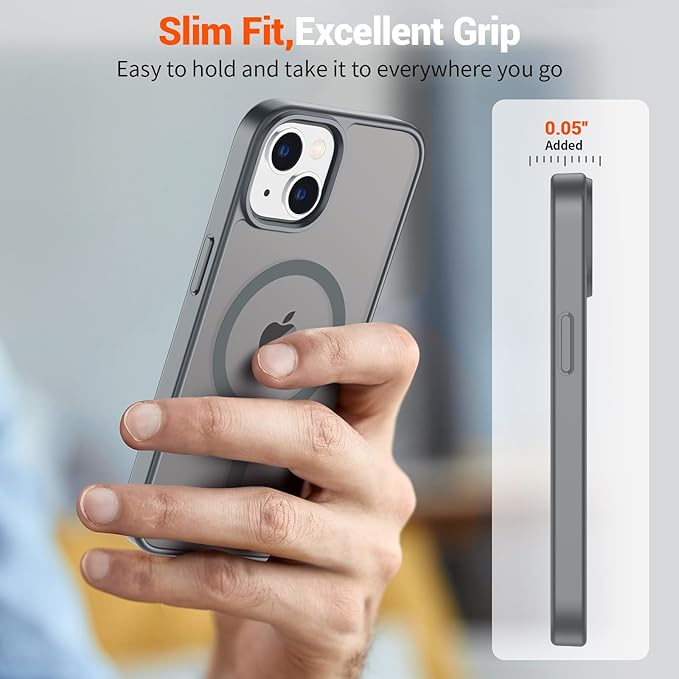 SUPFINE Magnetic for iPhone 14 Case & iPhone 13 Case (Compatible with MagSafe) (Military Grade Drop Protection) Slim Translucent Matte Shockproof Phone Cover,Gray