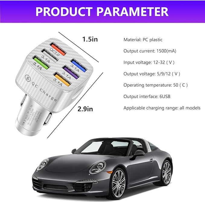 Augeny Car Charger Adapter, 6 USB Multi Port Fast Charger, Include QC 3.0 and 5 Other Ports, Auto Quick Charging Adapter for Most Cell Phones, Interior Car Accessories for SUV Truck (White)