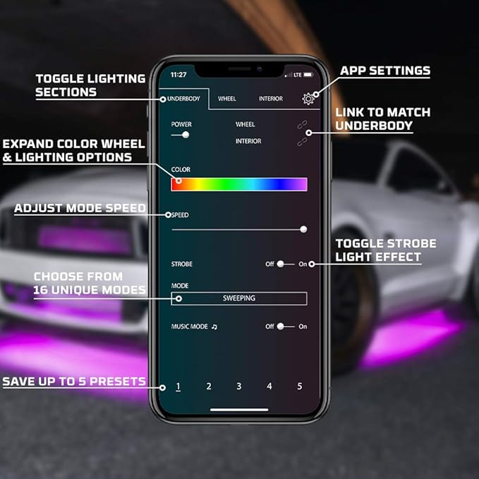 LEDGlow 4pc Bluetooth Million Color LED Underbody Underglow & 4pc Interior Footwell Accent Lighting Kit for Cars - Smartphone App - Courtesy Lights - Create Any Color - Control Box