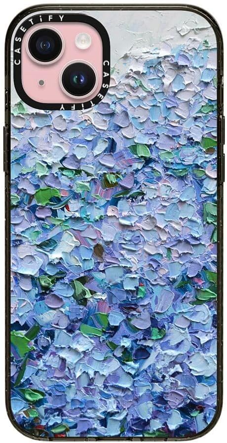 CASETiFY Impact iPhone 15 Plus Case [4X Military Grade Drop Tested / 8.2ft Drop Protection/Compatible with Magsafe] - Paint Print - Nantucket Blue Hydrangeas - Clear Black