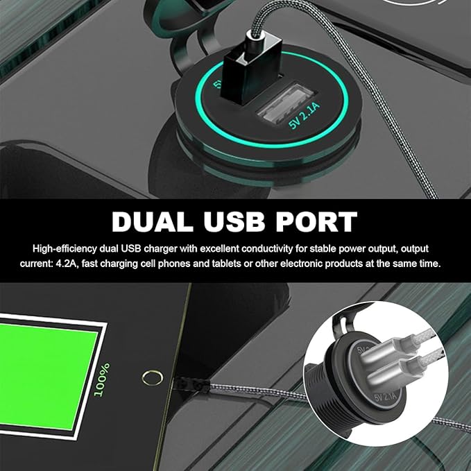 4.2A Dual USB Charger Socket, Waterproof Power Outlet 12V/24V 2.1A & 2.1A Quick Charge Socket, USB Charger Socket with Cap for Car Golf Cart Mobile RV ATV Truck Marine Boat (Green)