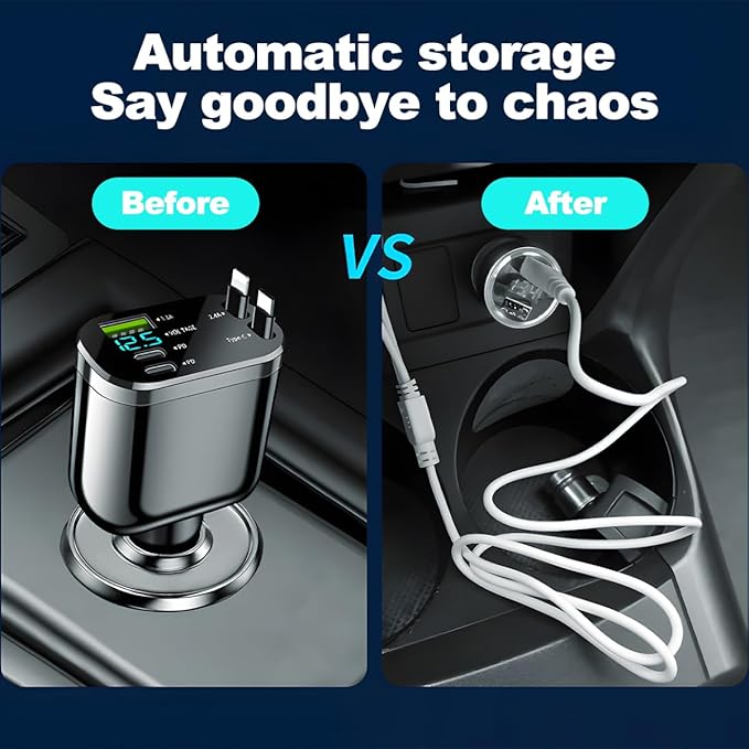 Ankuee Retractable Car Charger, 4 in 1 Super Fast Vehicle Phone Charger Adapter, Auto Cellphone Charging Accessories with Dual Type C Cables & 2 USB Ports, Universal for SUV, Sedan, Truck