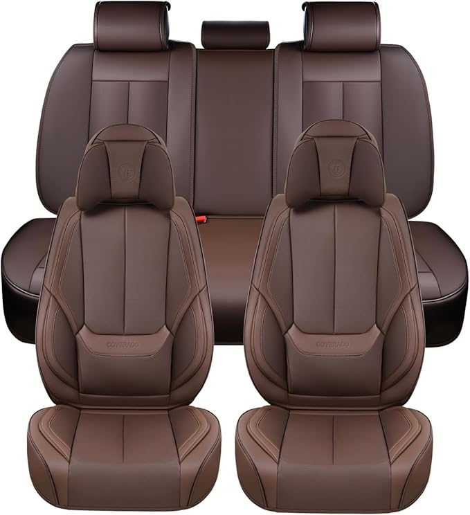 Coverado Front and Back Seat Covers, 5 Pieces Waterproof Nappa Leather Auto Seat Protectors Full Set with Head Pillow, Universal Car Accessories Fit for Most Sedans SUV Pick-up Truck, Brown