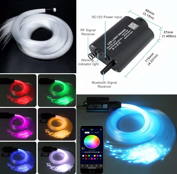 AZIMOM Bluetooth 16W RGBW Fiber Optic Lights Star Ceiling Lighting Kits 450pcs 0.03in 9.8ft Music Sound Activated APP Remote Control Car Home Headliner Decor