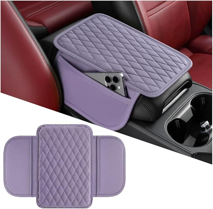 Mandark Car Center Console Cover, Microfiber Leather Vehicle Armrest Protector Cushion with 2 Storage Bags, Auto Interior Arm Rest Seat Box Pad Accessories, Universal for SUV, Sedan, Truck (Purple)