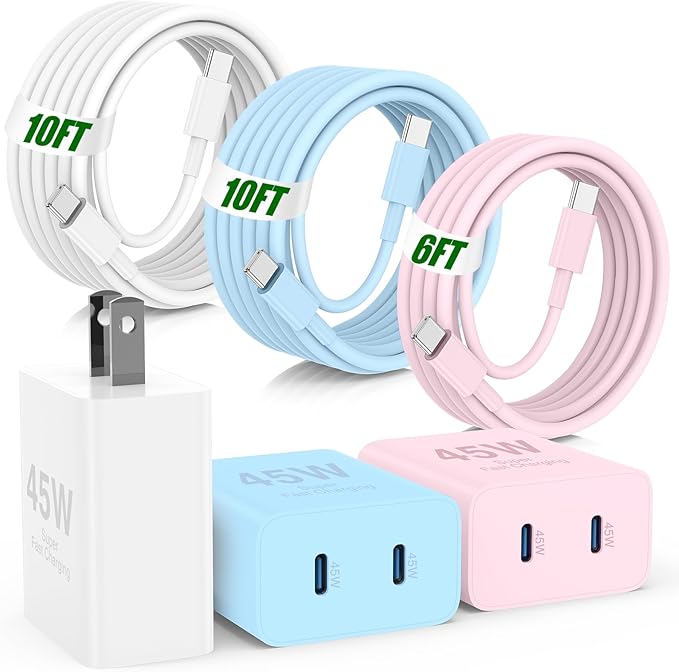 45W USB C Fast Charging for iPhone 17 Pro Max/16/15 Pro,3Pack 45W Dual Port USB C iPhone Charger Block & 6/10/10FT Long USB C Cable for iPhone 17 Pro/16 Pro Max/15 Plus/for Samsung S26 S25-Colorful