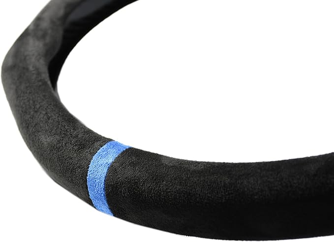 Quick Install Sporty Suede Steering Wheel Cover with Blue Stripe for 14½ to 15 inches Car Sedan Coupe SUV Pickup Steering Wheel 14.5 to 15 inches