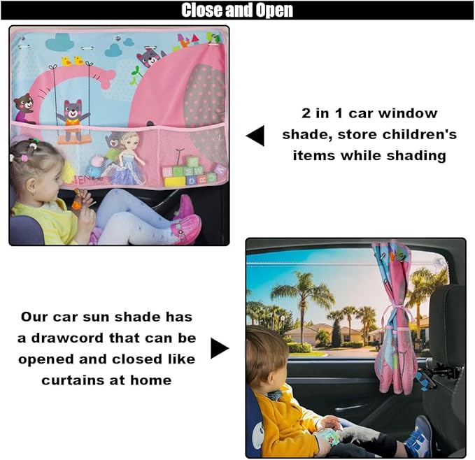 Car Window Shade for Baby, Blackout Car Window Curtain with Storage Pockets & 7 Suction Cups, Cartoon Pattern Cars Side Window Sun Shade Cover for Sun/Heat/UV Rays Protection (Pink-Elephant)