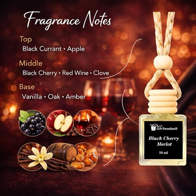Gift Paradise® Luxury Black Cherry Merlot Car Air Freshener Set of 3 – 10 ml Hanging Glass Diffusers – Sweet Cherry & Red Wine Scent – Long-Lasting – Premium Magnetic Gift Box Included
