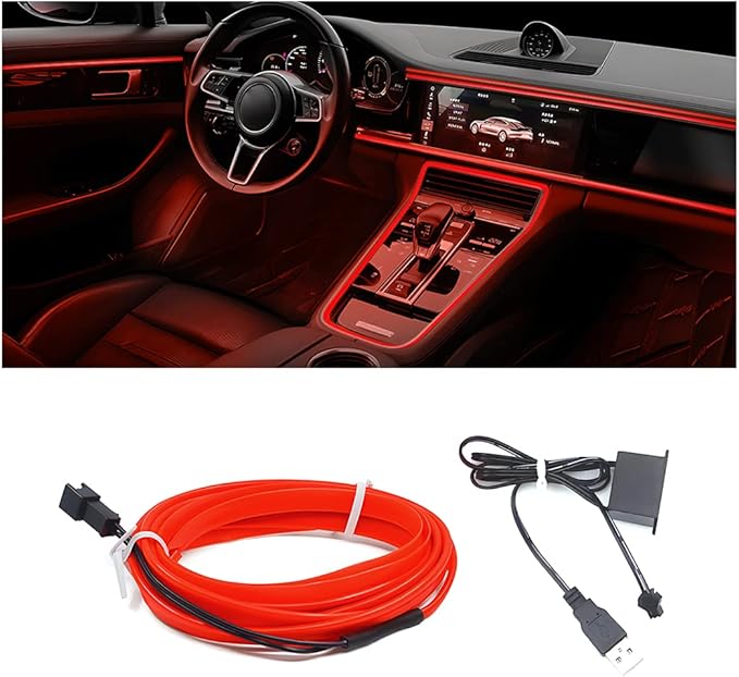 EL Wire LED Strip Lights, USB Auto Neon Light Strip with Sewing Edge, 16FT Electroluminescent Ambient Lighting Kit with Fuse Protection, Car Decoration Accessory (Red/16FT)
