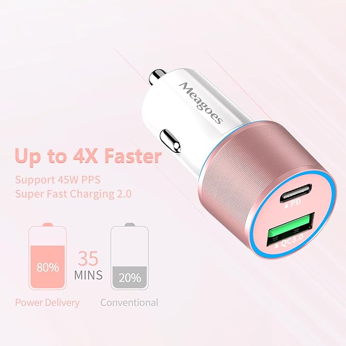 67.5W Pink Car Charger USB C Super Fast Charging, 45W USBC&QC3.0 Port Plug for iPhone 17 Pro Max/Air/16/15/iPad, Samsung S26 Android Cell Phone, Dual 12V Cigarette Lighter Adapter+3.3 ft Type C Cable