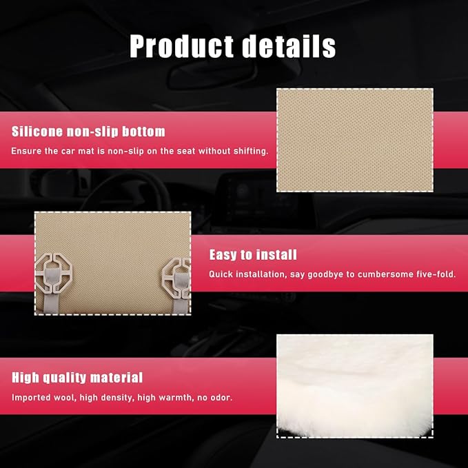 Sheepskin Car Seat Cushion, Comfortable Soft Fur Wool Auto Front Seat Cover, Vehicle Seat Protector Pad for Warm Winter Office Chair, Universal Decor Car Accessories (Beige)