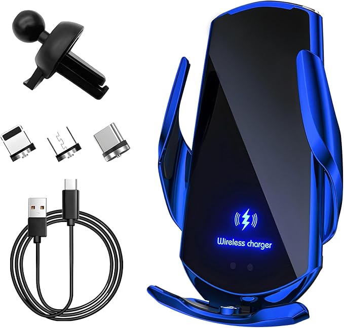 Wireless Car Charger, 15W Fast Charging Mount Electric Induction Car Phone Holder, Universal Auto-Clamping Magnetic Charger Air Vent Mount Bracket for Most Smartphones (Blue)