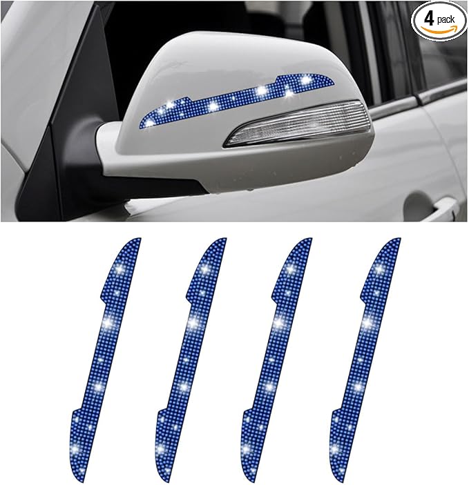 4PCS Bling Car Door Handle Scratch Protector, Crystal Rhinestone Sticker Car Door Edge Guard, Side Rearview Mirror Anti-Collision Strip, Exterior Accessories for Women Men (Blue)