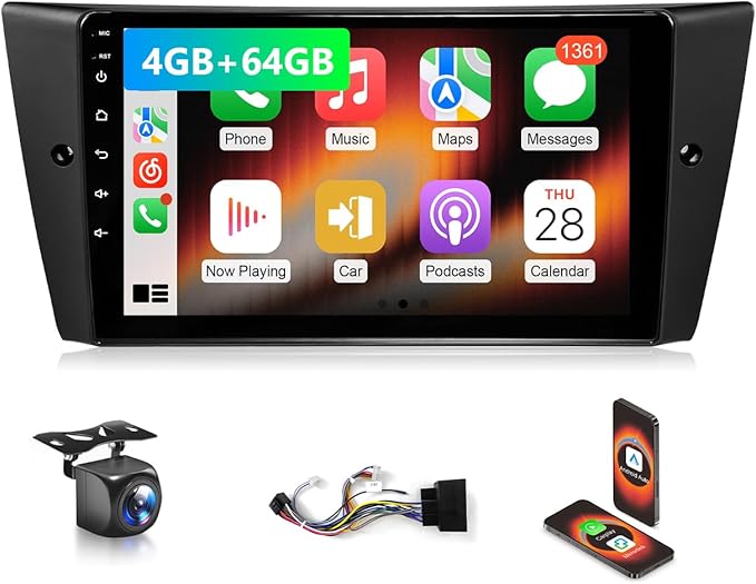 VQU 4G+64G Car Radio for BMW 3 Series 328i 335i 325i 2005-2011 Apple CarPlay Android Auto, 9 Inch IPS Touchscreen for 128i Stereo for BMW E90/E91/E92/E93 GPS Navi FM DSP SWC BT Rear Camera, No Fiber