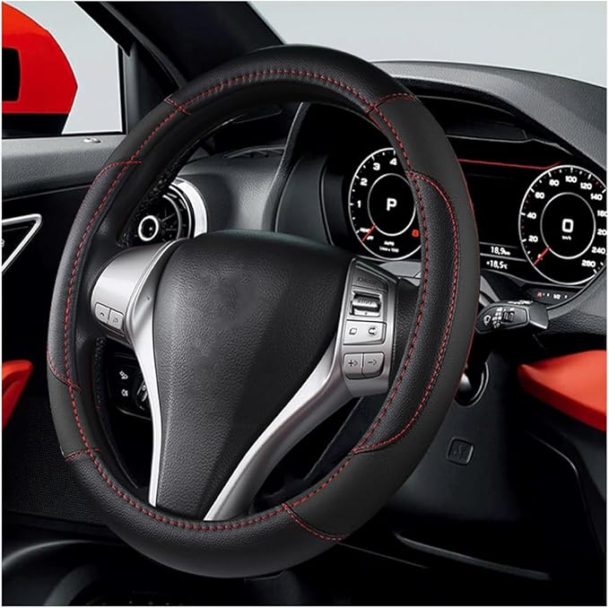 BELOMI Leather Car Steering Wheel Cover, Universal 15 Inch for Car Truck SUV, Non-Slip and Breathable, Sport Style Design Odorless Steering Wheel Protector, Automotive Interior Accessories (Black)