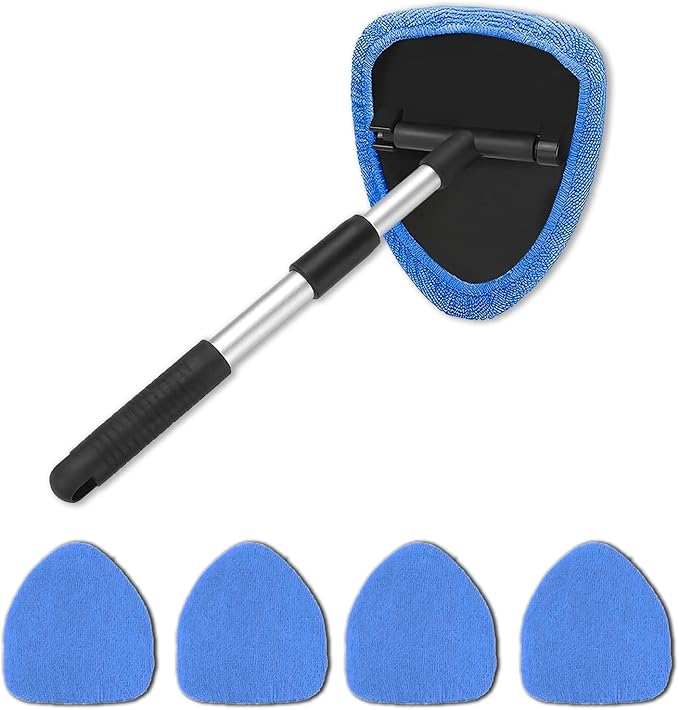 Windshield Cleaner Tool - Portable Car Interior Window Cleaning Kit with Extendable Handle, 4 Microfiber Towel Pads, Auto Glass Wiper for Windshield, Universal for RV, SUV, Truck (Blue)