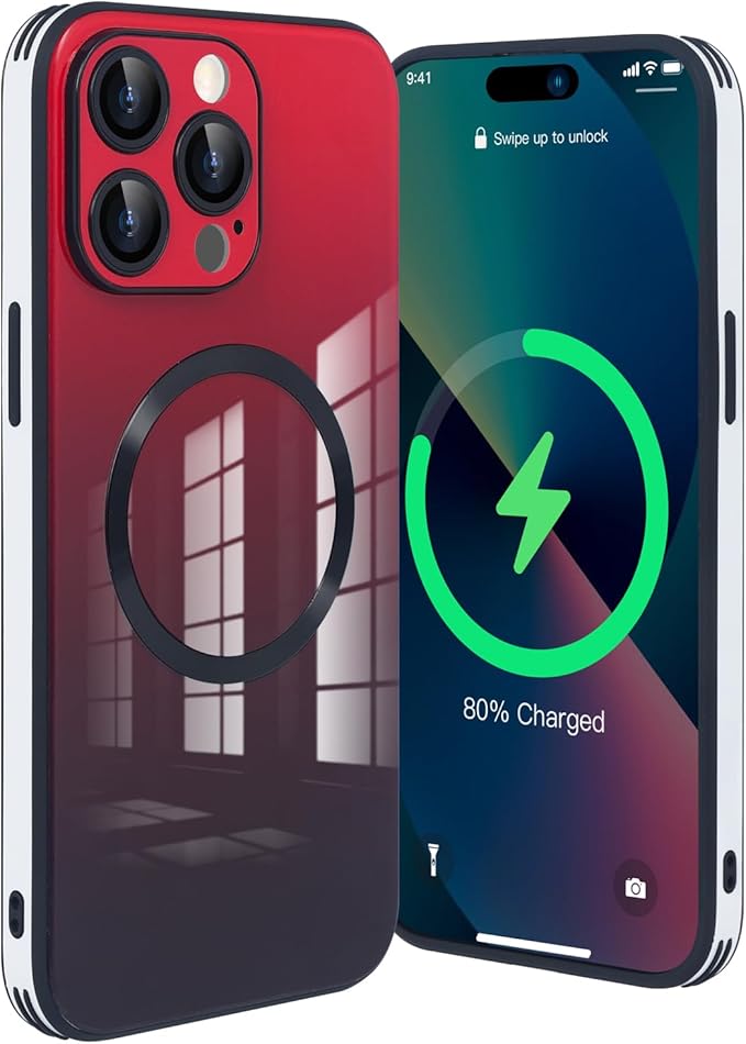 Guppy Compatible with iPhone 14 Pro with MagSafe Case, Magnetic Gradient Case with MagSafe Charging, Gradient Glass Back Cover with Lens Film-Red