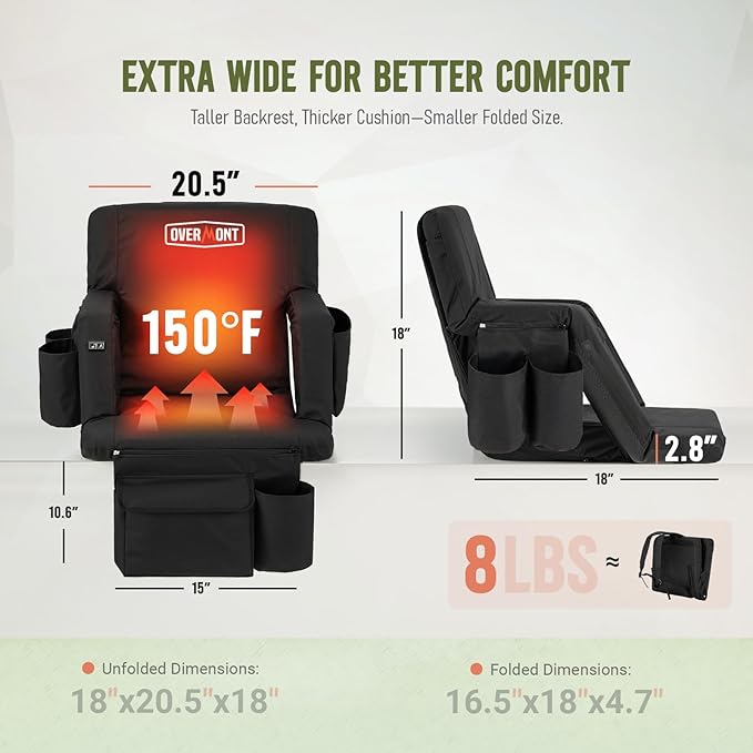 Overmont Heated Stadium Seat with Back Support – 3 Heat Levels, Dual-Zone Independent Control, 6-Position Recliner, Wide Cushion Dual Hooks Multiple Pockets – Bleacher Chair for Sport Camping Concerts
