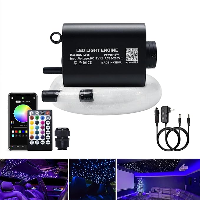 AKEPO 16W Starlights Headliner Kit Fiber Optic Star Lights Kit, Mixed Dia. 295pcs(0.75+1+1.5mm) 9.8ft/3m Optical Fiber Strands APP/Remote Control Music Activate Car Home Use Optical Fiber Light Kits
