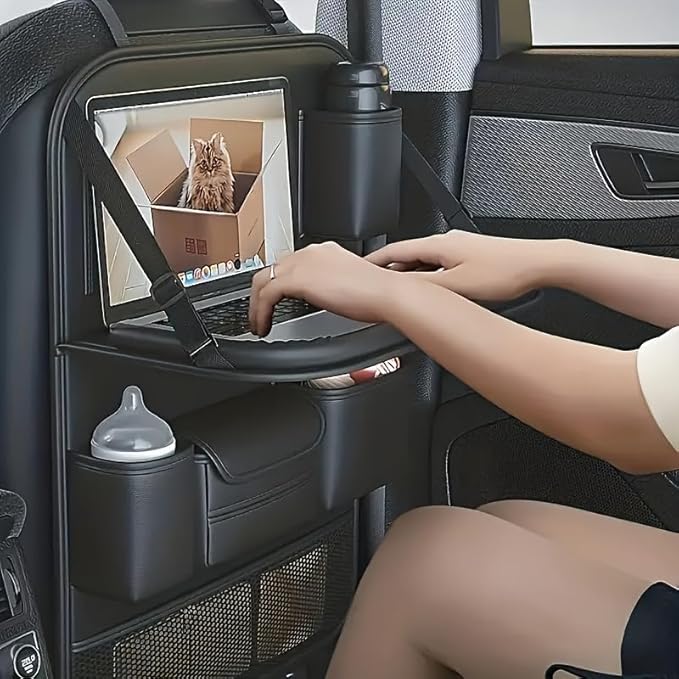 Car Backseat Organizer with Foldable Table Tray - Universal Auto Seat Back Organizer with Tablet Holder, Kick Mats Protector, Storage Pockets for SUV Sedan