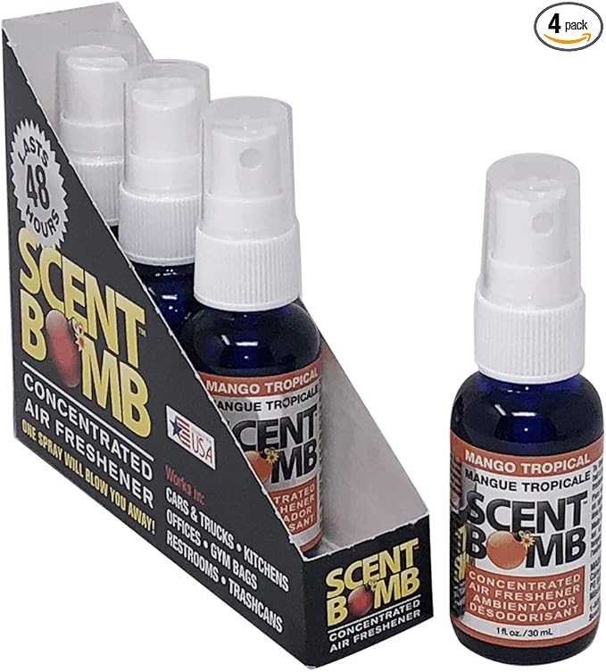 Scent Bomb Air Freshener Spray, Long-Lasting Odor Eliminator - Effective Deodorizer for Home & Car, Fresh Room Spray for Kitchen, Bathroom & Smell Neutralizer - 1 oz Pack of 4, Mango Tropical Scent