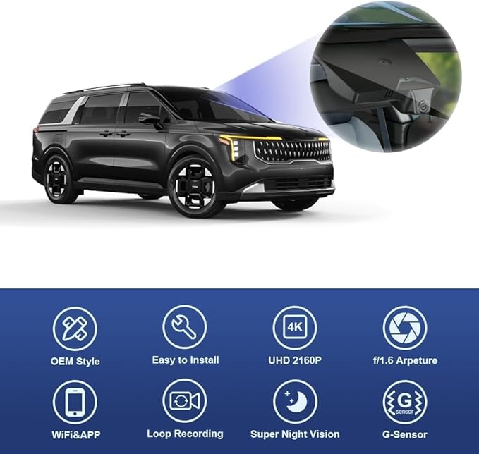 Fitcamx 4K Dash Cam Suitable for Kia Carnival 2022-2026 (Part No#R0510) LX LXS EX SX Prestige, Integrated OEM Look, 2160P UHD Video, WiFi & APP, Loop Recording, G-Sensor, Plug & Play, 64GB Card