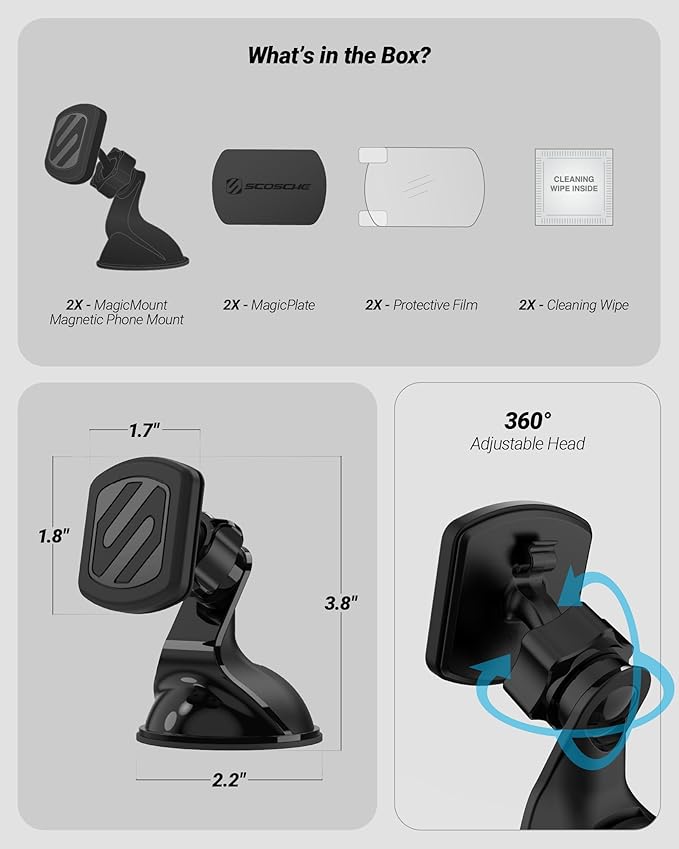 Scosche Extra Strength Suction Car Phone Mount, Magnetic Phone Holders for Your Car Windshield/Dashboard, Car Holder with 360° Rotation, Thick Metal Plate for iPhone and Android, Not MagSafe, 2-Pack