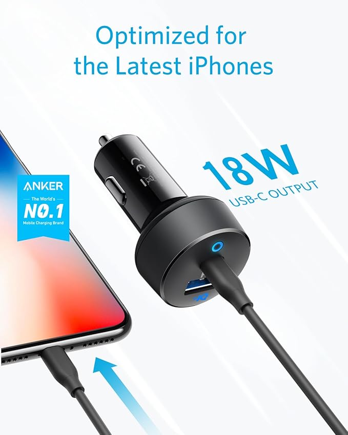 Anker USB C Car Charger, Compact 32W 2-Port, LED Indicator Type C Charger with 20W Power Delivery & 12W PowerIQ, Compatible with iPhone 15 14 13 12 Series, Pixel 3 2 XL, iPad Pro & More Devices