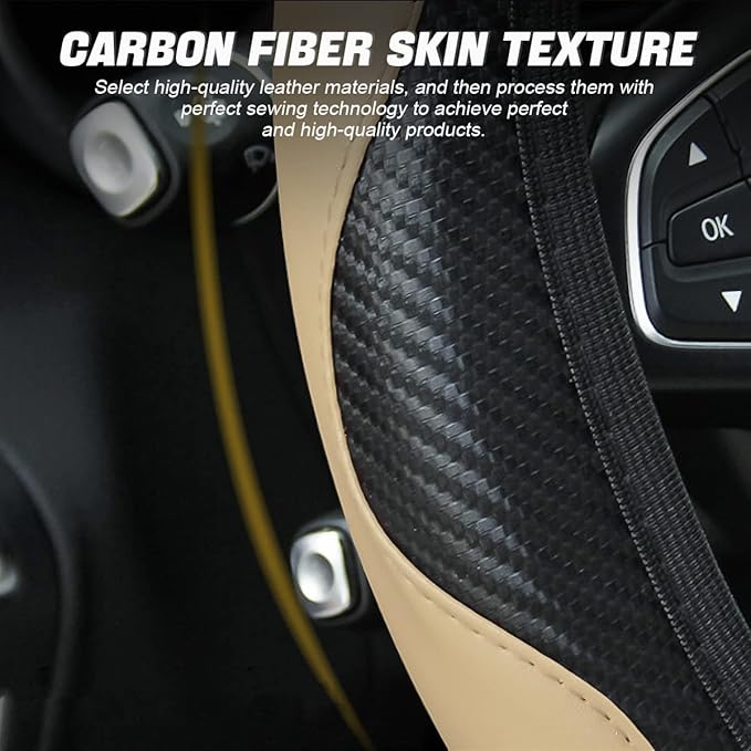 Car Steering Wheel Cover, 15 Inch PU Leather Carbon Fiber Elastic Stretch Without Inner Ring, Breathable Anti-Slip Auto Steering Wheel Protector for Women Men, Universal for Most Cars (Beige)