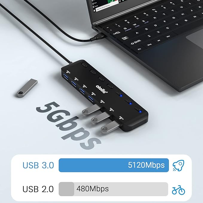 USB 3.0 Hub, atolla 7-Port USB Hub Splitter with Individual On/Off Switches and Lights, 3.28Ft Extended Cable, Suitable for Laptop, PC, MacBook, Keyboard, Mouse, Flash Drives ﻿