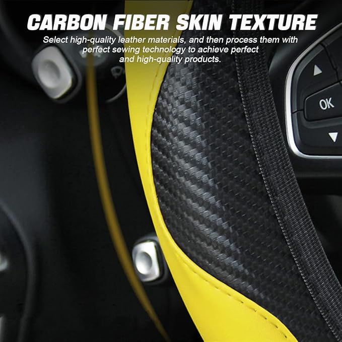 LoyaForba Car Steering Wheel Cover, Microfiber PU Leather Elastic Carbon Fiber Auto Steering Wheel Protector, Universal 15 Inch Breathable Anti-Slip, Car Interior Accessories for Most Cars (Yellow)