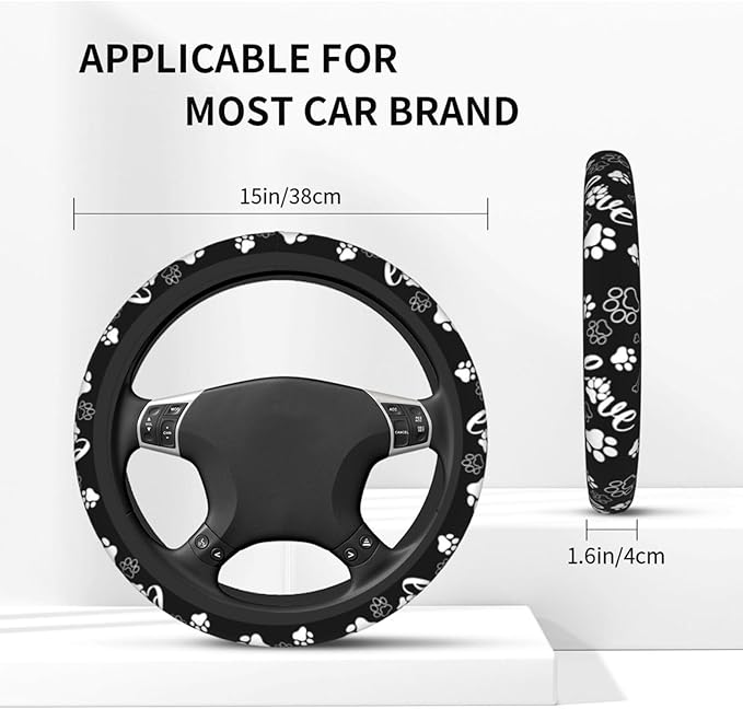 Paw Print Steering Wheel Cover - Dog Paw Print Steering Wheel Cover Dogs Prints Anti-Slip Breathable Universal for 15 Inch Car with 2 Pieces Car Coasters for Men/Women