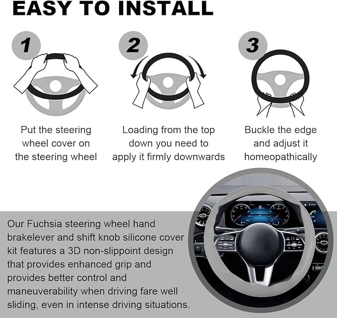 3PCS Silicone Car Steering Wheel Cover Set - Includes Car Handbrake Cover & Gear Shift Cover & Anti-Slip Steering Wheel Protector, Universal Auto Interior Decoration for Most Cars (Grey)