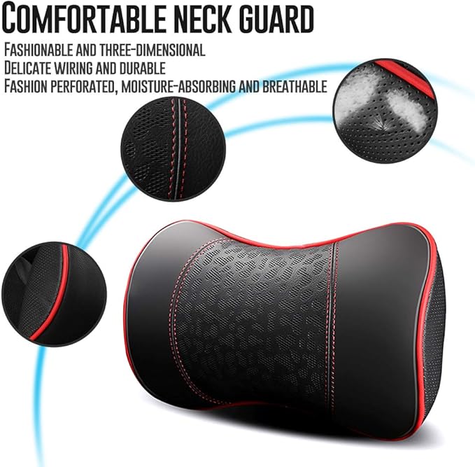 Car Leather Neck Pillows, Neck Rest Cushions,100% Memory Foam Cervical Support, Comfortable Travel car Seats and Home Office Soft Pillows, Red a Set (2 pcs)