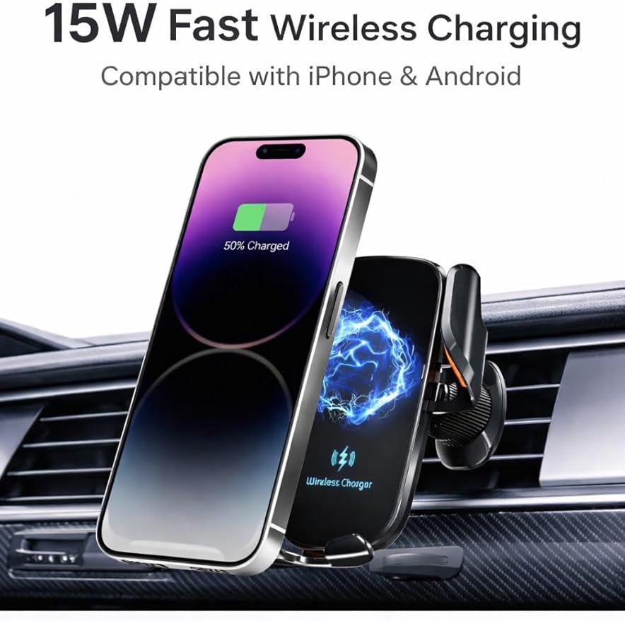 Car Phone Holder with Wireless Charger, Auto Clamping Car Mount, Fast Charging Phone Holder for iPhone & Android, Dashboard Windshield Air Vent Mount