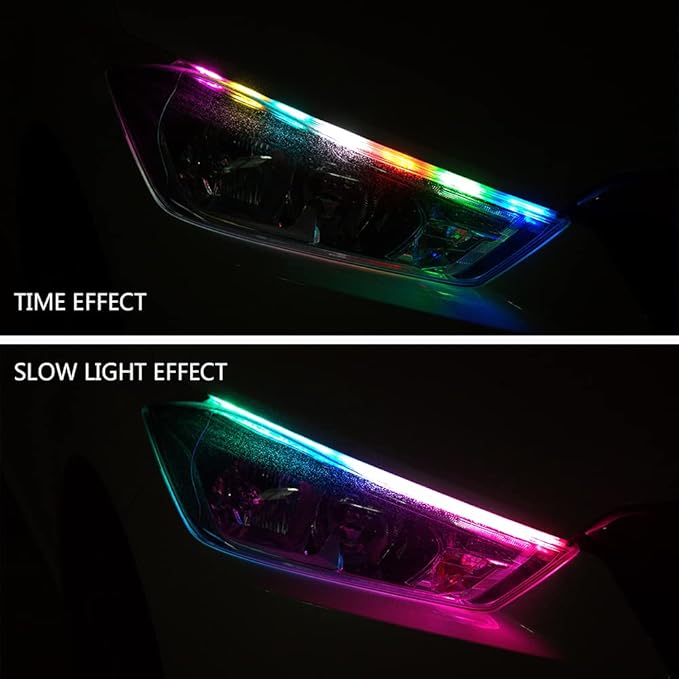 Car Headlight LED Strip, 24Inch RGB Multi Color Headlight Surface LED Daytime Running Lights Flexible DRL Tube Strip Sequential Neon Decorative Switchback Turn Signal Lights APP Contrl 2-Pack