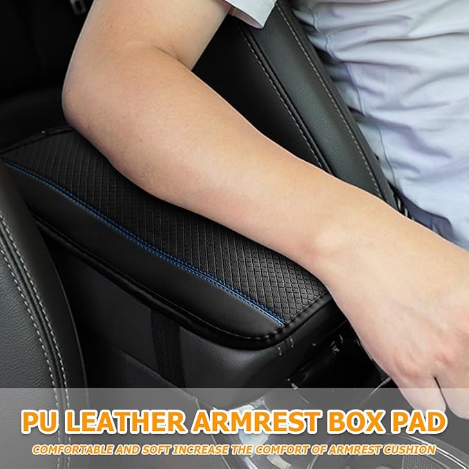 Car Armrest Seat Box Cover, Comfortable Leather Automotive Center Console Cushion Pad, Soft Waterproof Vehicle Arm Rest Protector Mat Accessories, Universal for RV, SUV, Truck (Black/Blue)