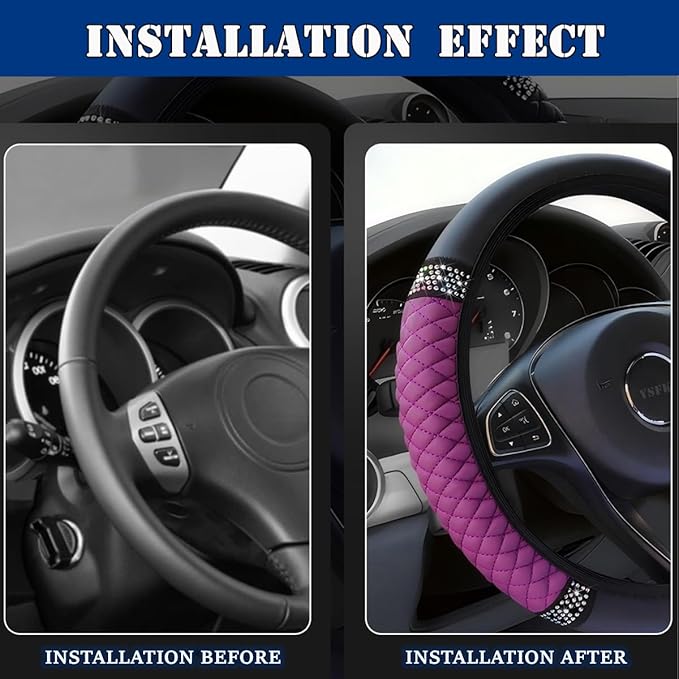 Soft Leather Car Steering Wheel Cover, Universal 15 Inch Colorful Rhinestones Anti-Slip Elastic Steering Wheel Covers for Most Cars, Sparkly Crystal Diamond for Women Girls (Purple)