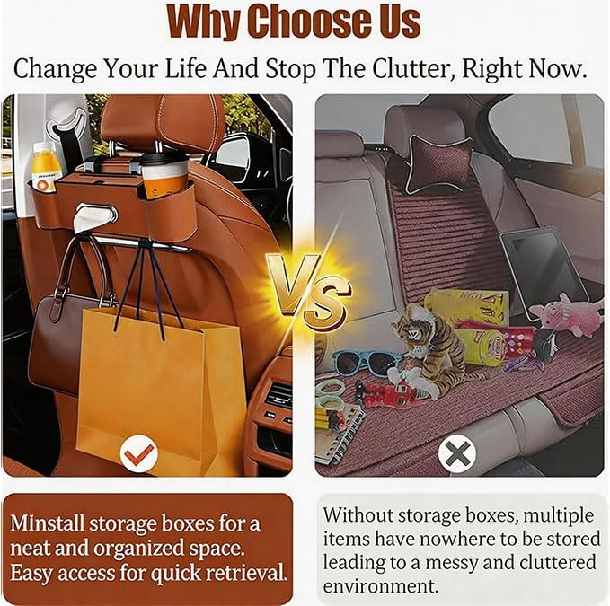 Backseat Car Organizers,4 in 1 Multifunctional Car Back Seat Storage Box with Drink Cup Holder Tissue Box, for Hold Phone,Snacks, Drinks, Handbag (LightBrown)
