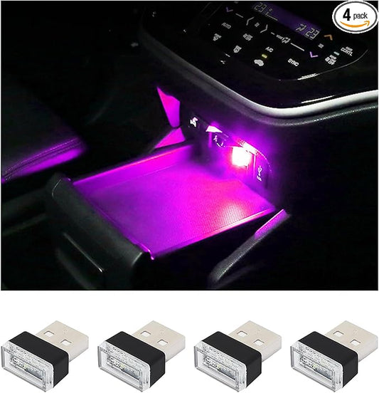Augeny 4 PCS USB LED Car Interior Atmosphere Lamp, Plug-in USB Decor Night Light, Portable Auto Ambient Lighting Kit, Universal Vehicle Interior Accessories for Most Cars (Purple)