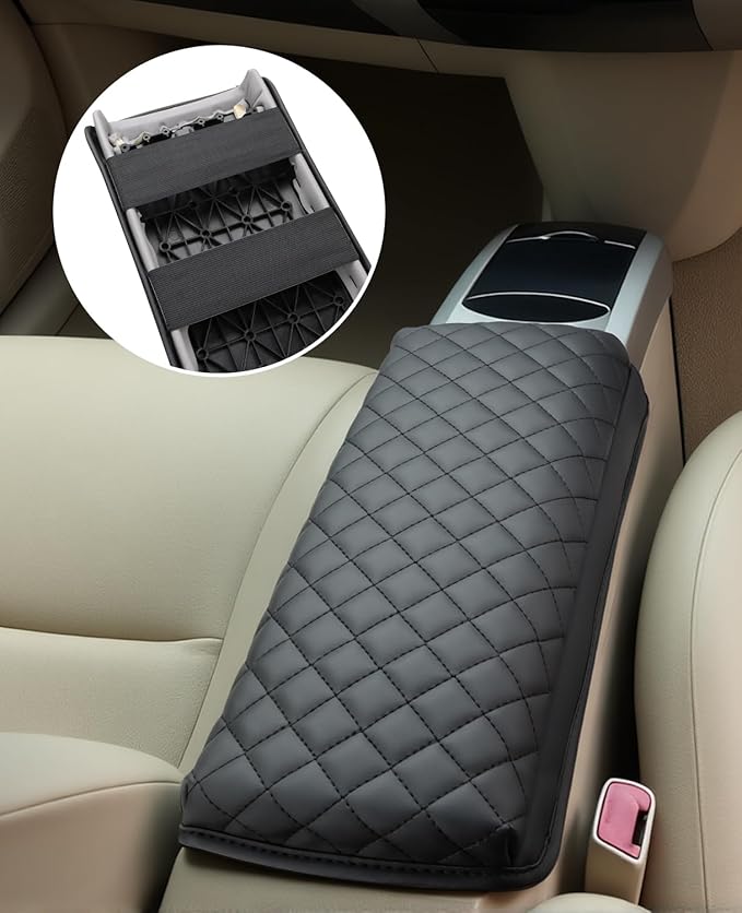 INTGET Center Console Cover for 2004-2009 Toyota Prius Accessories Leather Middle Armrest Cover Pad Car Interior Arm Rest Lid Protector Cushion (Black Stitches, Cushion)