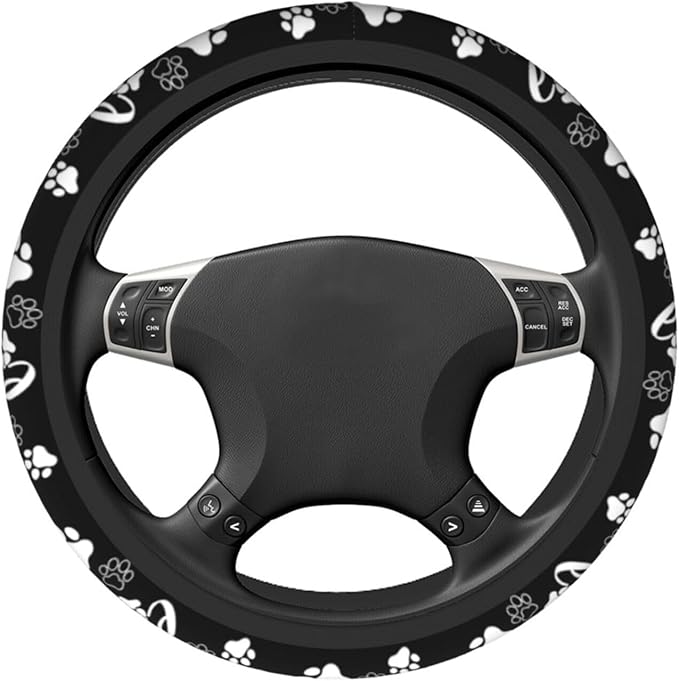 Paw Print Steering Wheel Cover - Dog Paw Print Steering Wheel Cover Dogs Prints Anti-Slip Breathable Universal for 15 Inch Car with 2 Pieces Car Coasters for Men/Women