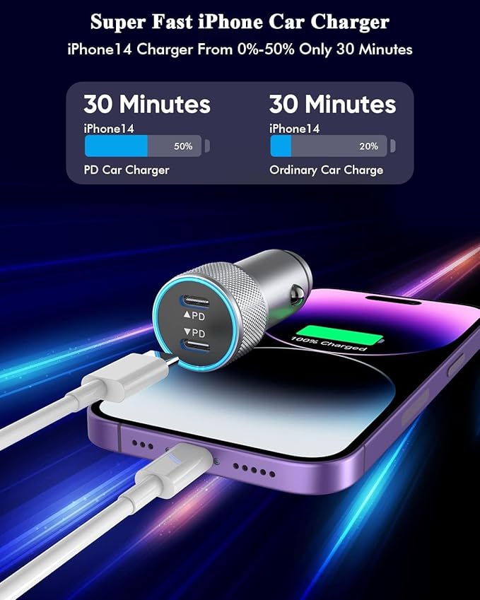 iPhone Fast Car Charger,2Pack Dual Port USB C Car Charger Adapter [Apple MFi Certfied] Super Quick Charging with 2Pack 3.3FT Fast Lightning Cable Compatible with iPhone 14/13/12/11/X/XS/XR/SE/8/iPad