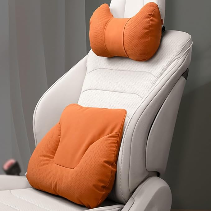 Car Neck Pillow Set for Honda Civic Si 2017 2018 2019 2020 2021 2022 2023 2024 2025, Leather Car Headrest Lumbar Support Waist Backrest Head Support Cushion,Orange