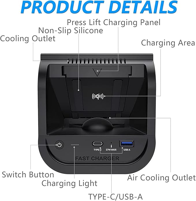 Wireless Car Charger for Mercedes-Benz A-Class B-Class GLA CLA 2013-2019 W176 W246 X156 C117 Accessory, 15W Fast Charging Phone Charger Pad with 27W USB-A & Type-C Port for iPhone Galaxy