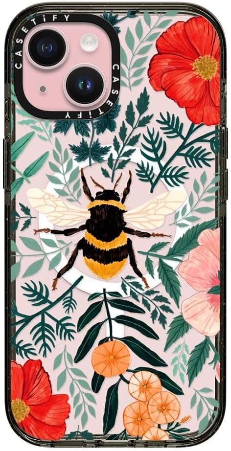 CASETiFY Impact Case for iPhone 15 [8.2ft 4X Military Grade Drop Protection/Compatible with Magsafe] - Bee in The Flowers by Papio Press - Clear Black